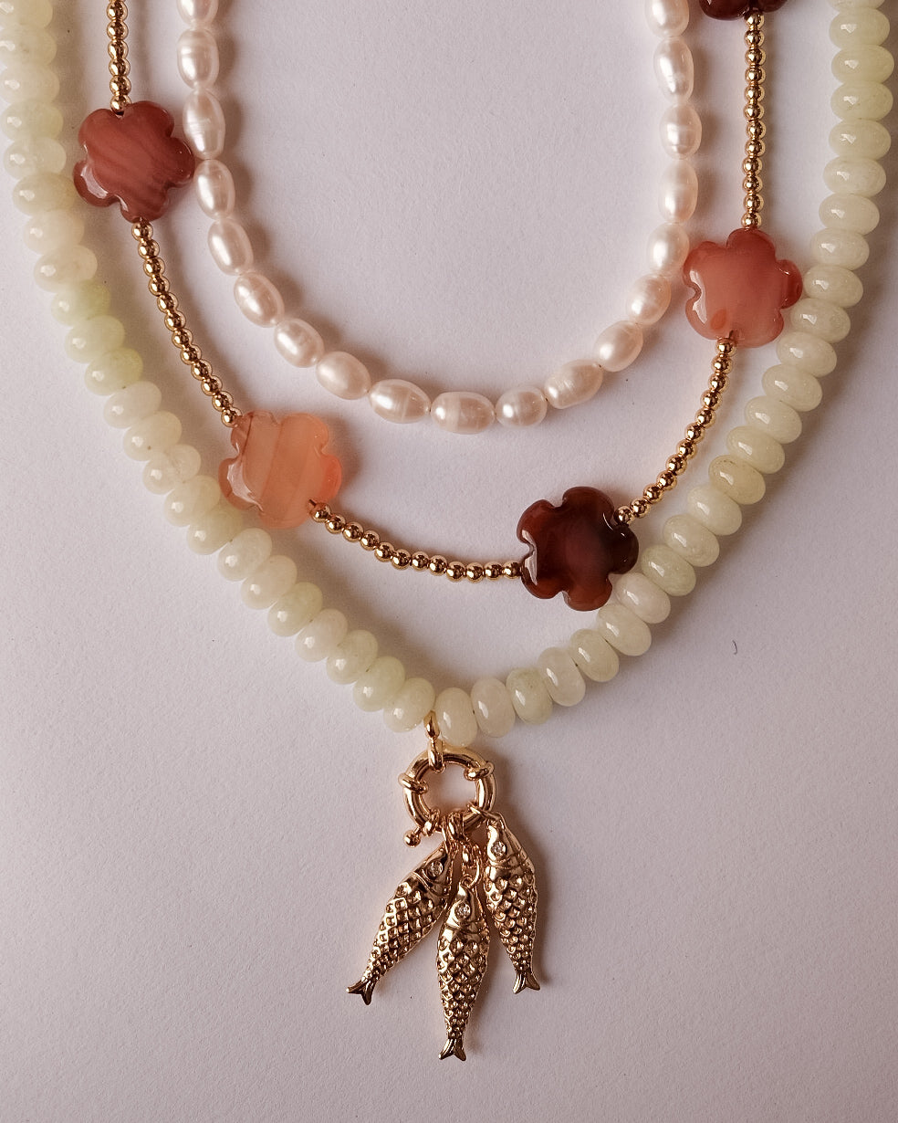 Red Agate Flowers and Gold Bead Necklace