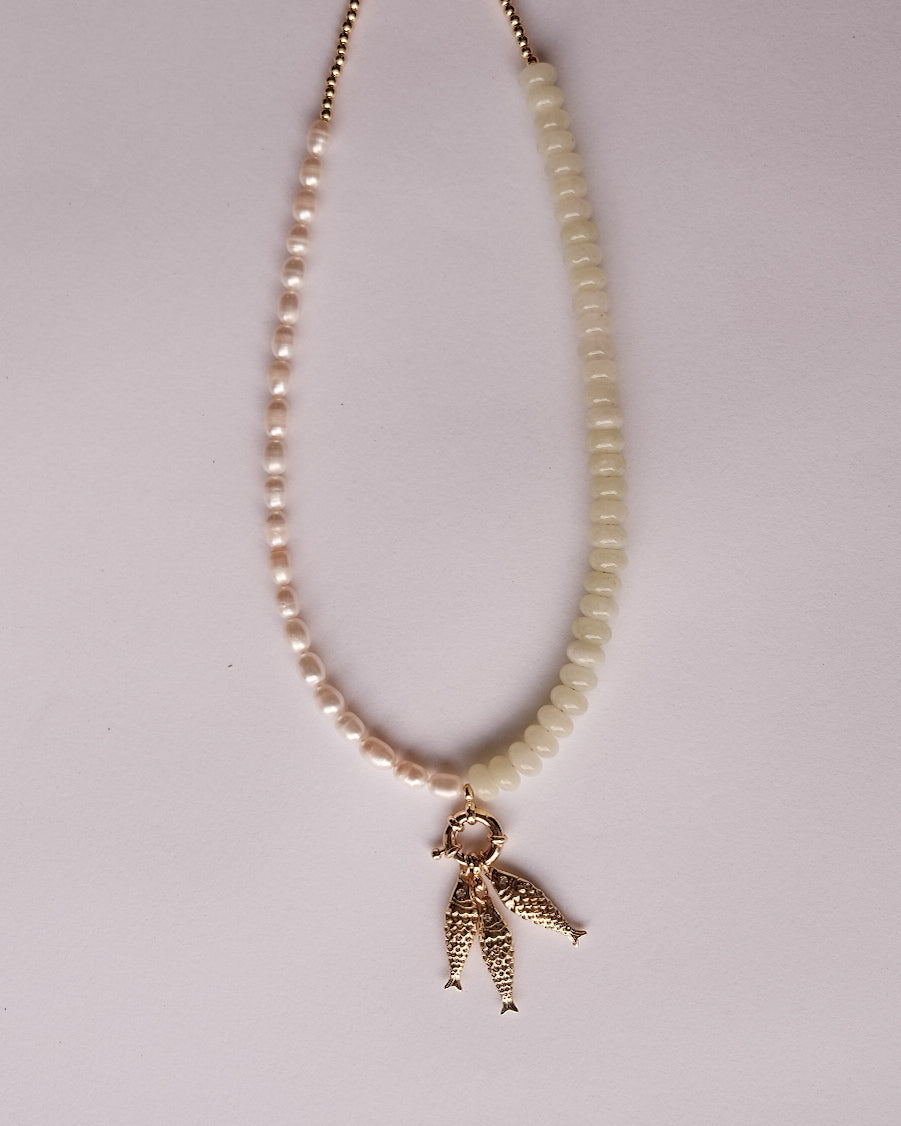 1/2 Pearl 1/2 Yellow Jasper Fish Necklace