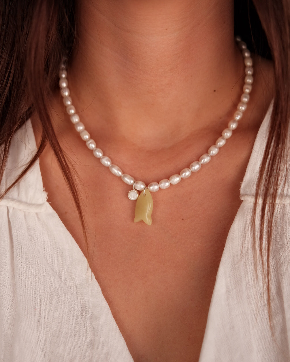Pearl + Lemon Jasper Fish Necklace