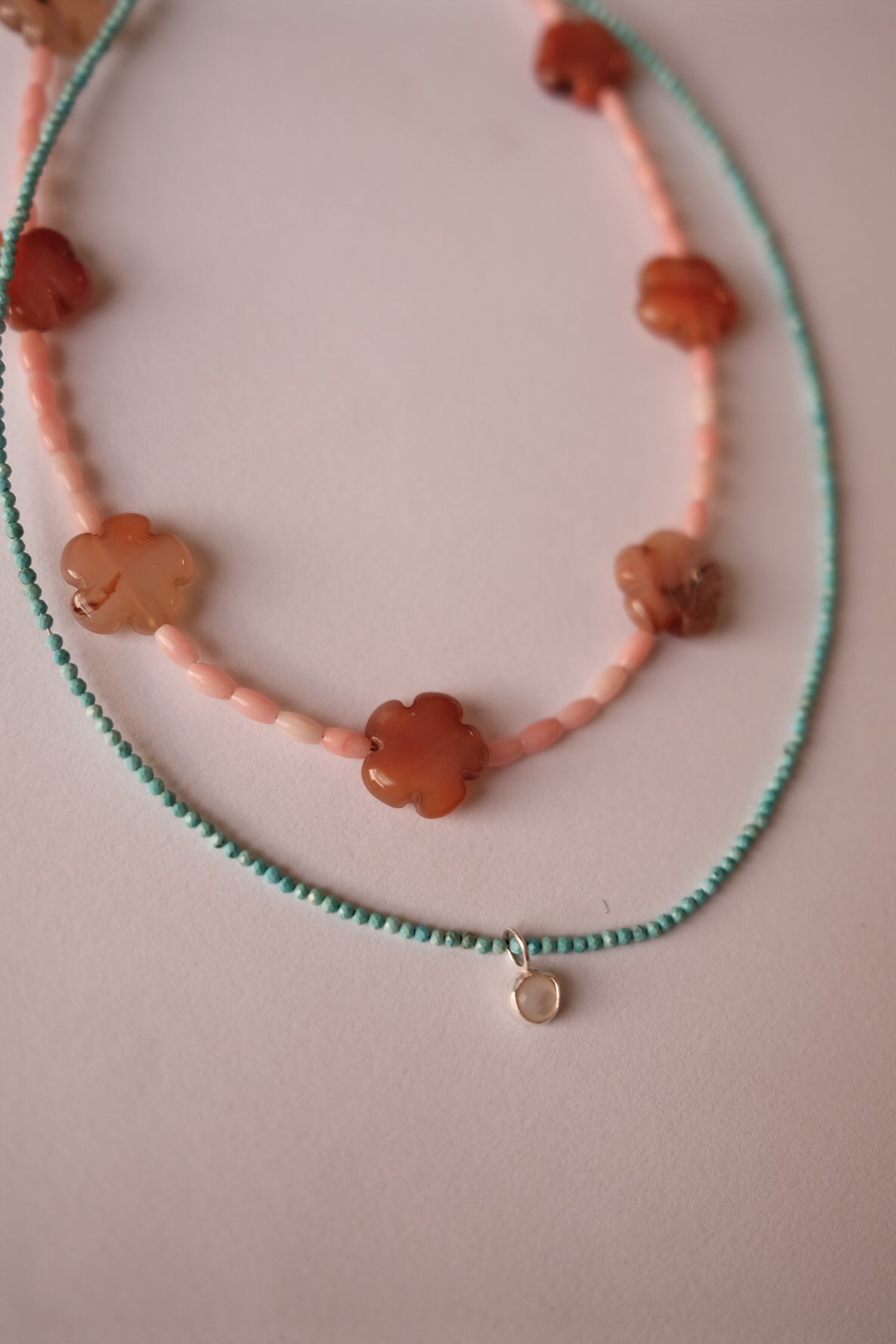 Red Agate Flowers and Coral Necklace